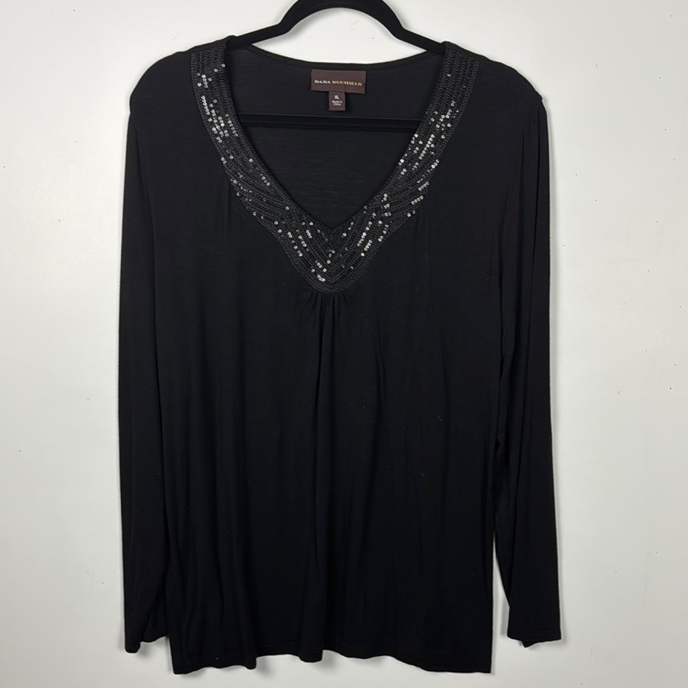 Dana Buchman sequined V Neck Black Long Sleeve Blouse Sz XL PRELOVED